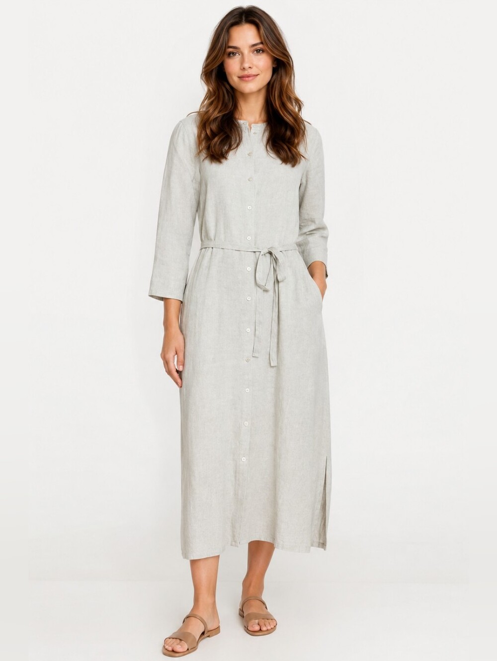 NWT Eileen Fisher 100% Organic Cotton Button Up Ladies Metallic Grey Dress P/M